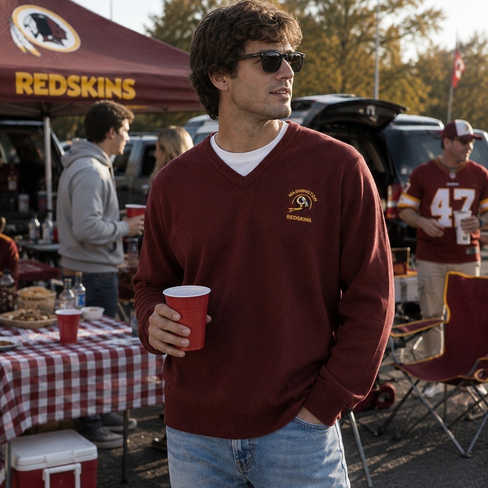 Vintage Logo 7 Washington Redskins Sweater NFL V-Neck Knit Burgundy Men's M USA